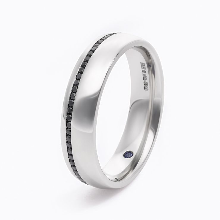 Mens custom wedding ring brushed texture platinum with black diamond pave copy