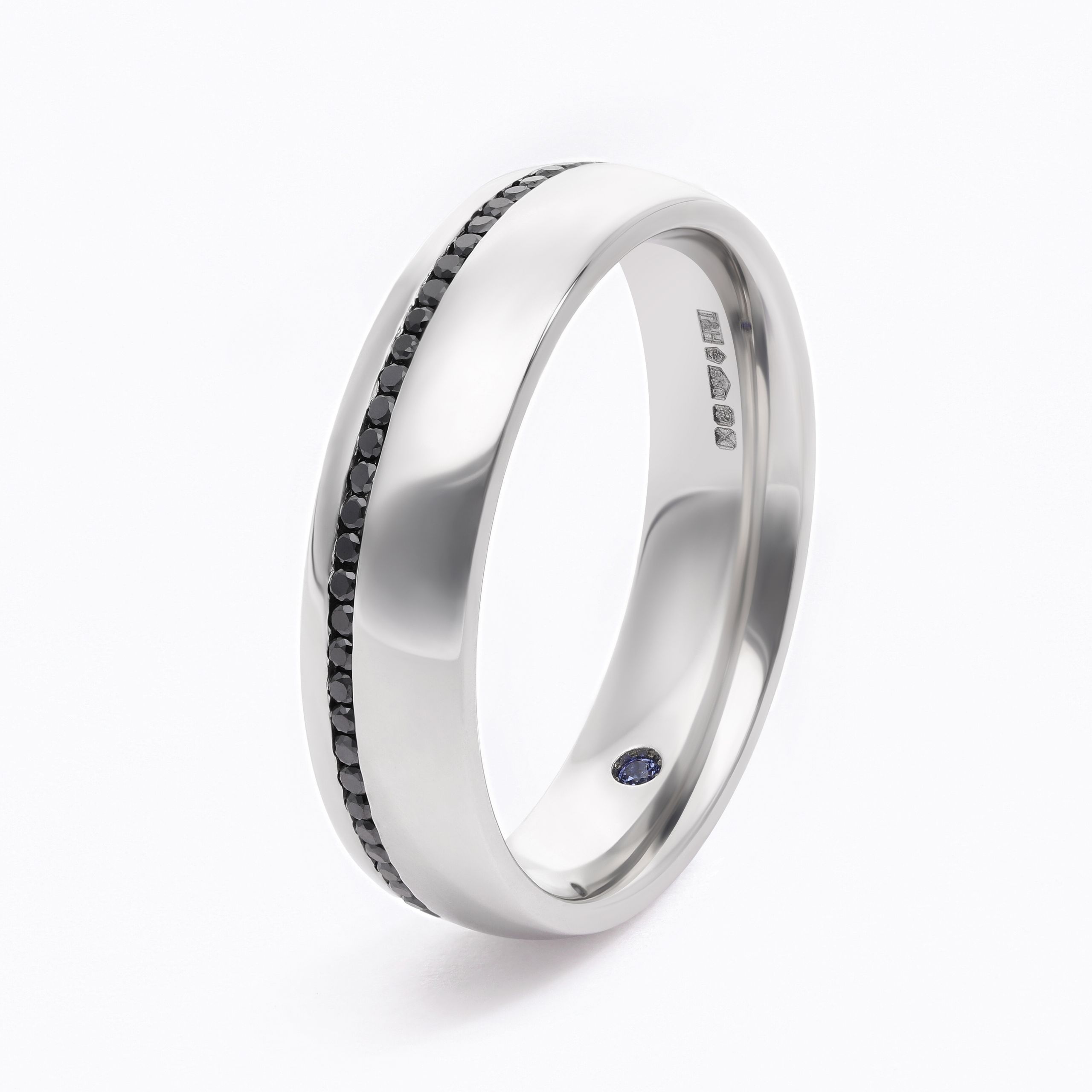 Mens custom wedding ring brushed texture platinum with black diamond pave copy