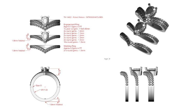 Pear diamond engagement ring technical drawing
