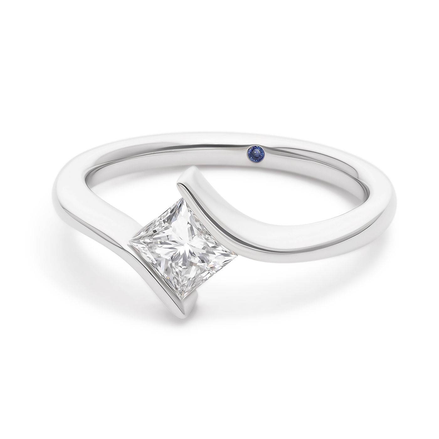 Custom asymmetric platinum sculptural engagement ring with princess cut diamond centre copy