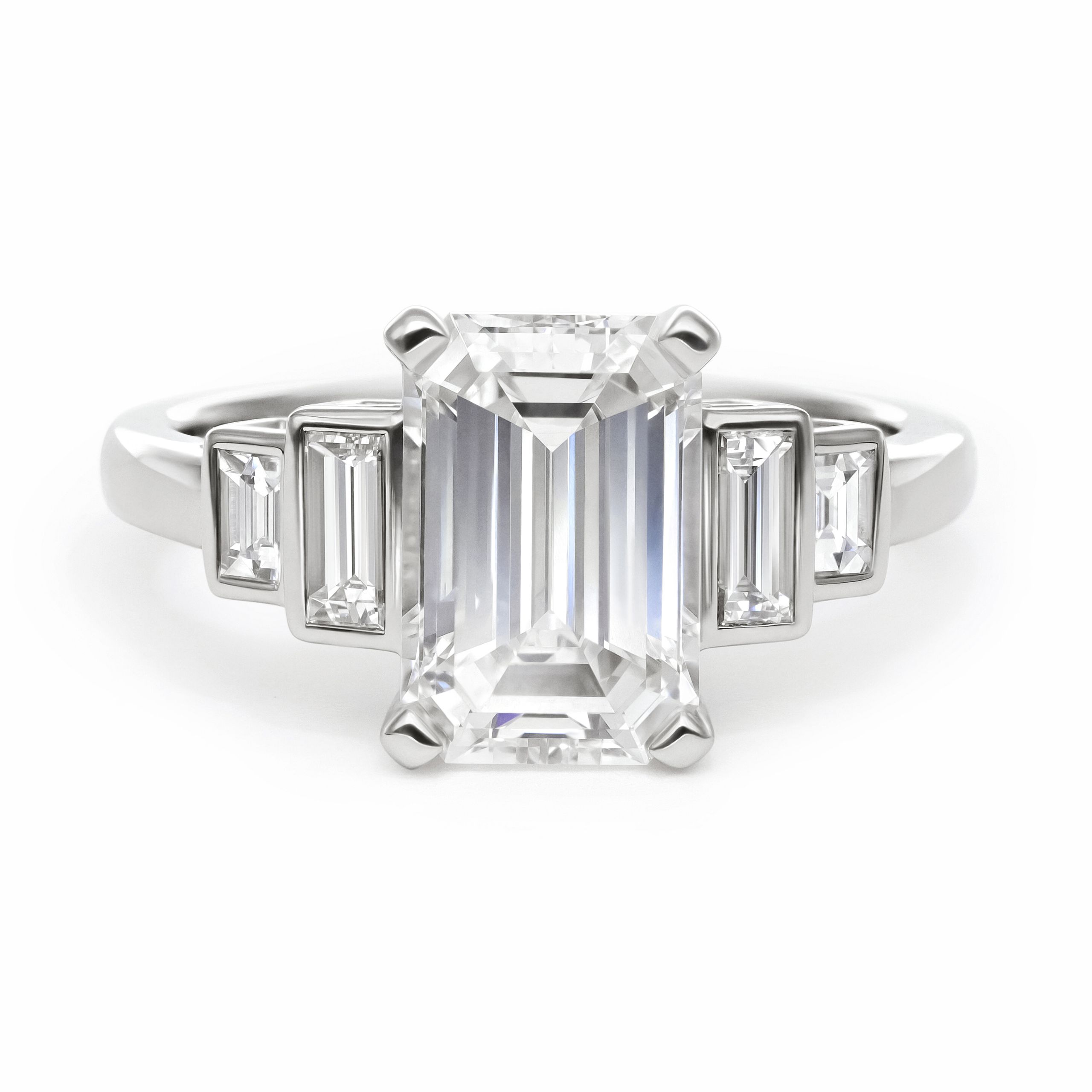 Custom art deco inspired platinum five stone engagement ring emerald cut diamond with bezel set straight diamond baguettte side stones
