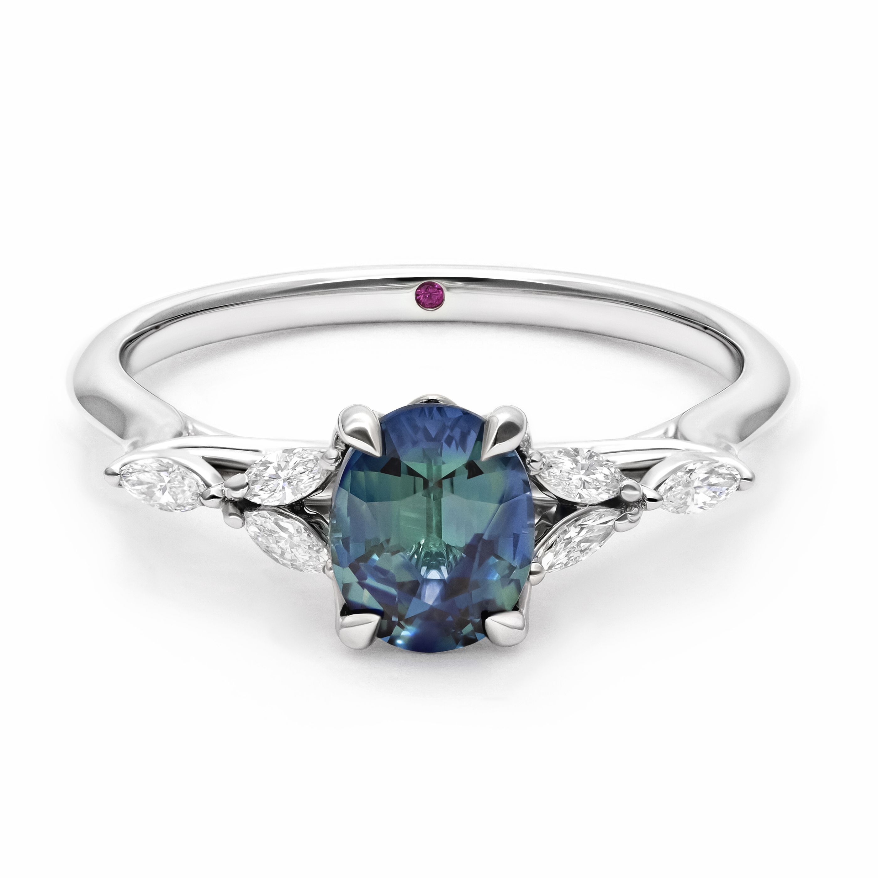 Tamora blue green oval sapphire platinum engagement ring with diamond marquise side accent stones