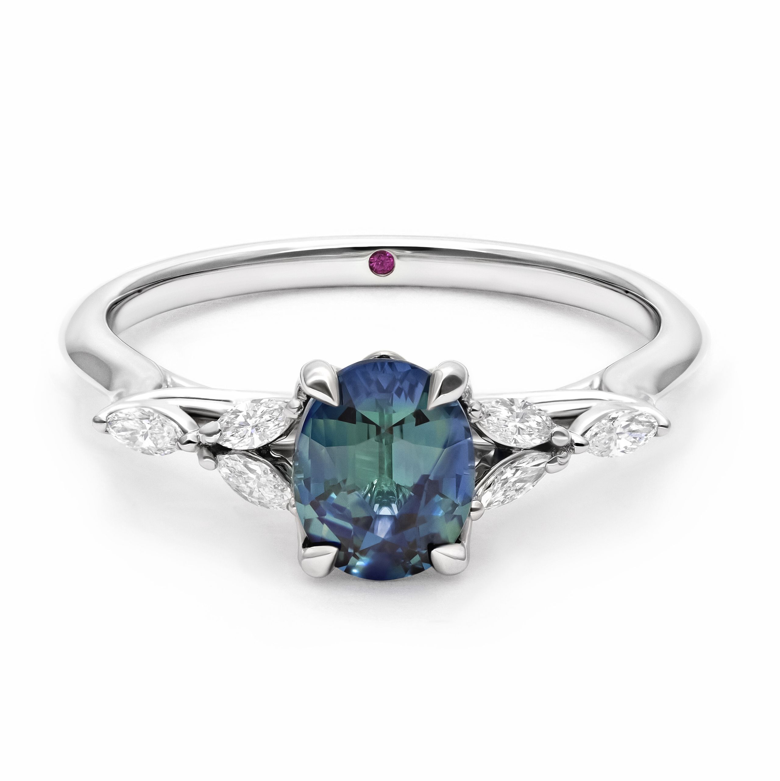 Tamora blue green oval sapphire platinum engagement ring with diamond marquise side accent stones