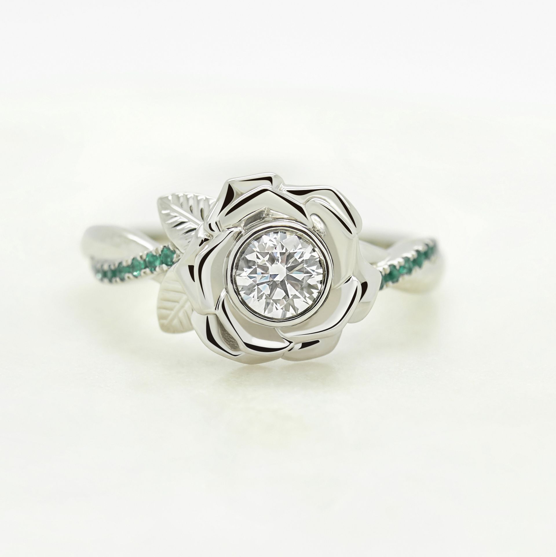 Samantha platinum flower round diamond engagement ring emerald pave