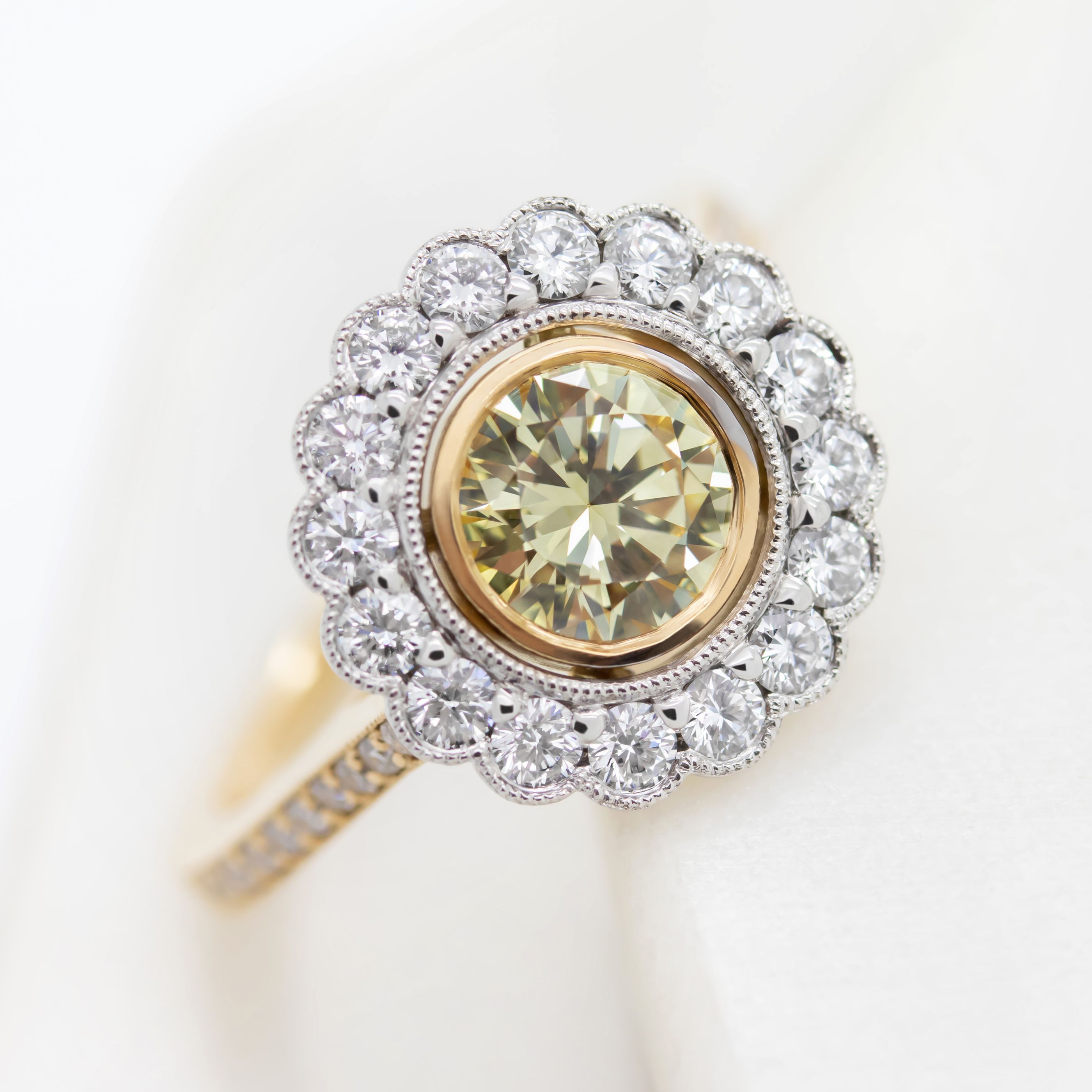 Samantha yellow diamond floral round diamond setting engagement ring milgrain