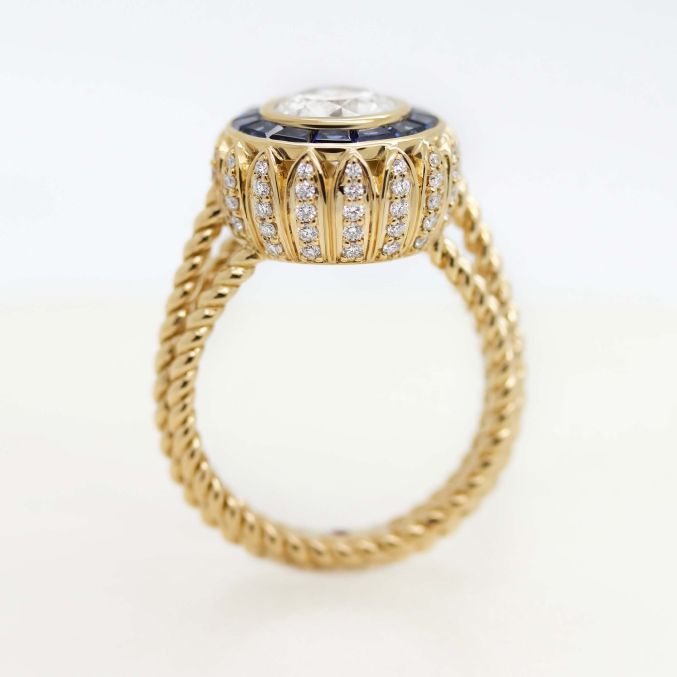 Round diamond blue sapphire halo Mary-Kate Olsen ring side rope band