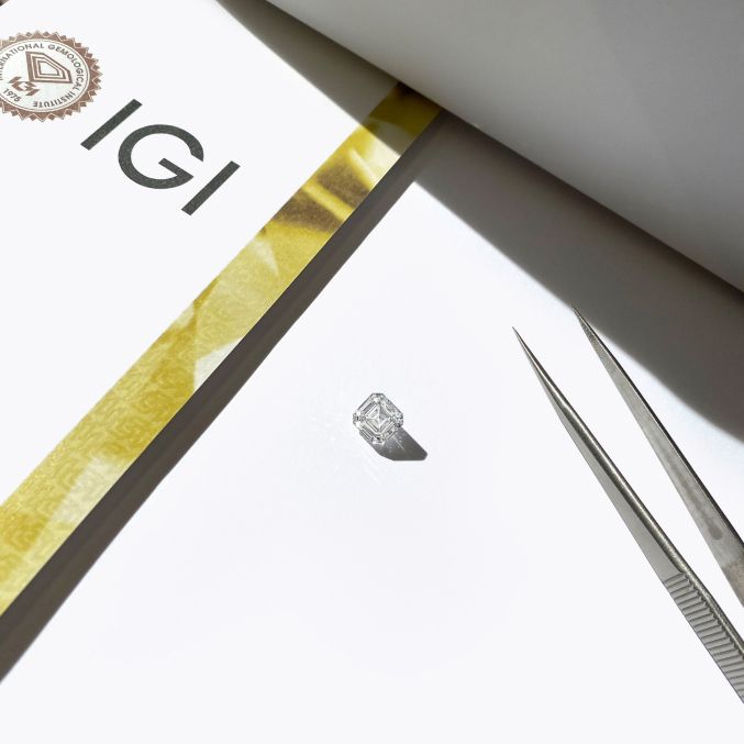 Asscher cut lab grown diamond tweezers IGI certificate