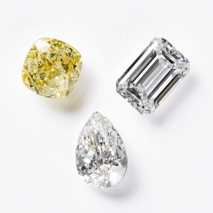Diamonds Taylor and Hart yellow cushion white pear white emerald cut diamond