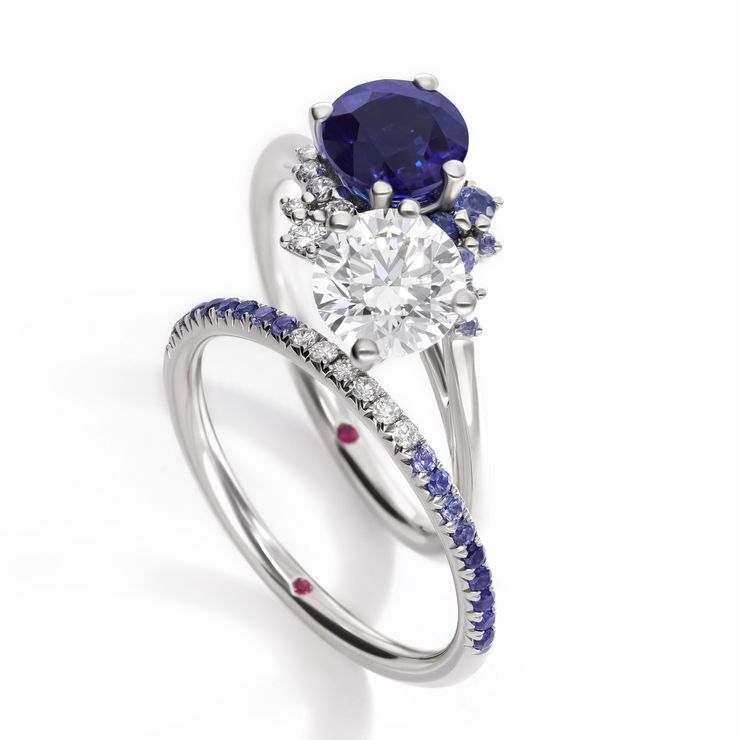Engagement and wedding ring matching blue sapphire ombre pave band with blue sapphire and diamond toi et moi ring