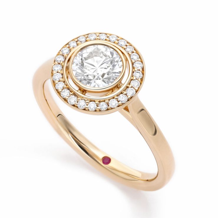 Custom yellow gold round diamond separated halo engagement ring