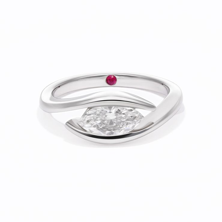 East West marquise diamond engagement ring with a contemporary platinum half tension setting