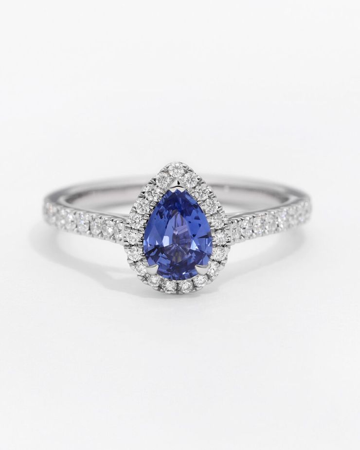 Allure engagement ring pear cut blue sapphire platinum