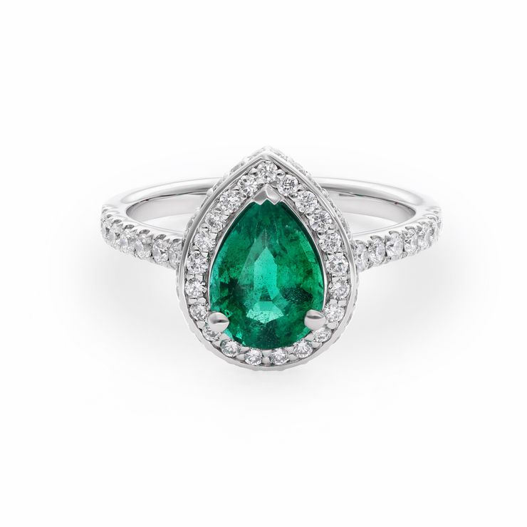 Elixir engagement ring pear cut emerald diamond halo platinum