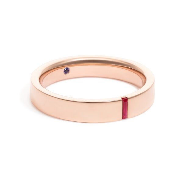 Customised Bay flat rose gold wedding band with a baguette ruby