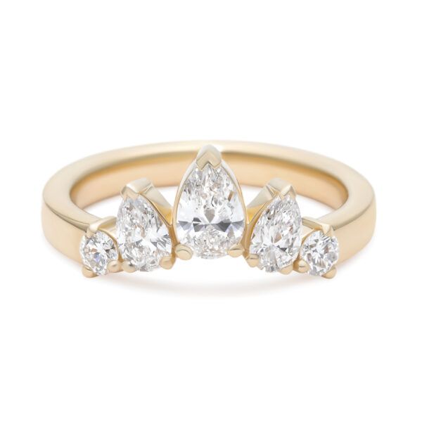 Tiara style pear and round diamond yellow gold wedding ring
