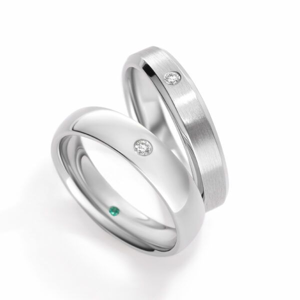 Matching wedding ring band set with round diamond brushed finish and polished finish