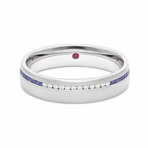 Mens platinum wedding ring with blue sapphire and diamond ombré channel setting