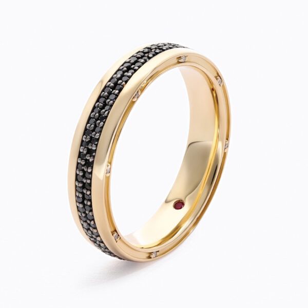 Custom yellow gold wedding ring with double row black diamond pavé
