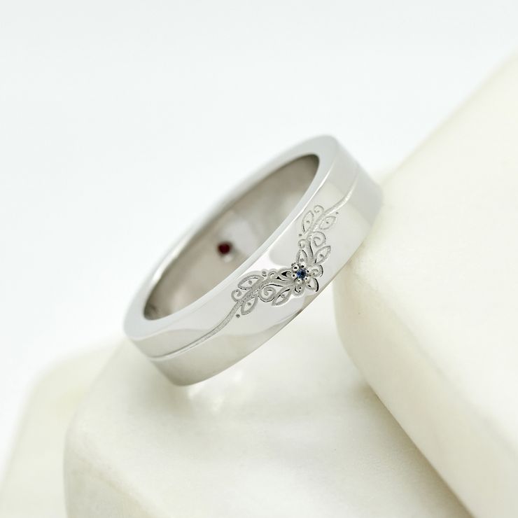 Platinum engraved floral wedding band unisex