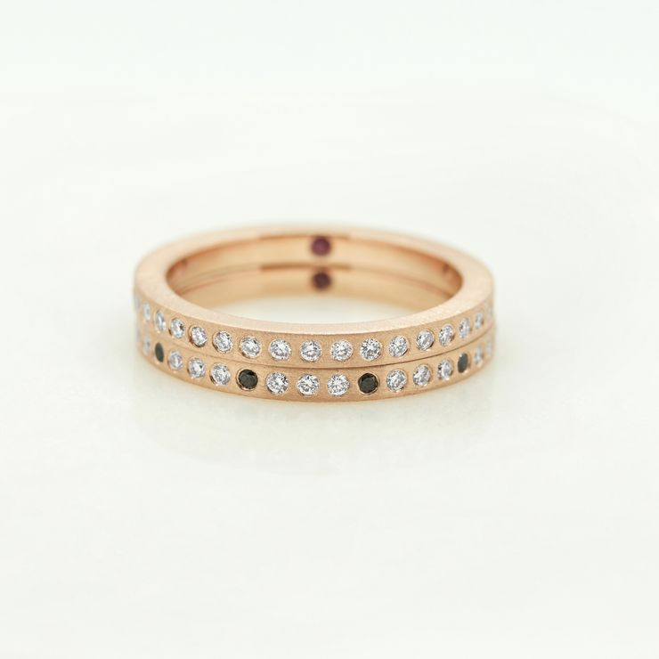 Brushed rose gold unisex wedding band with diamond pavé