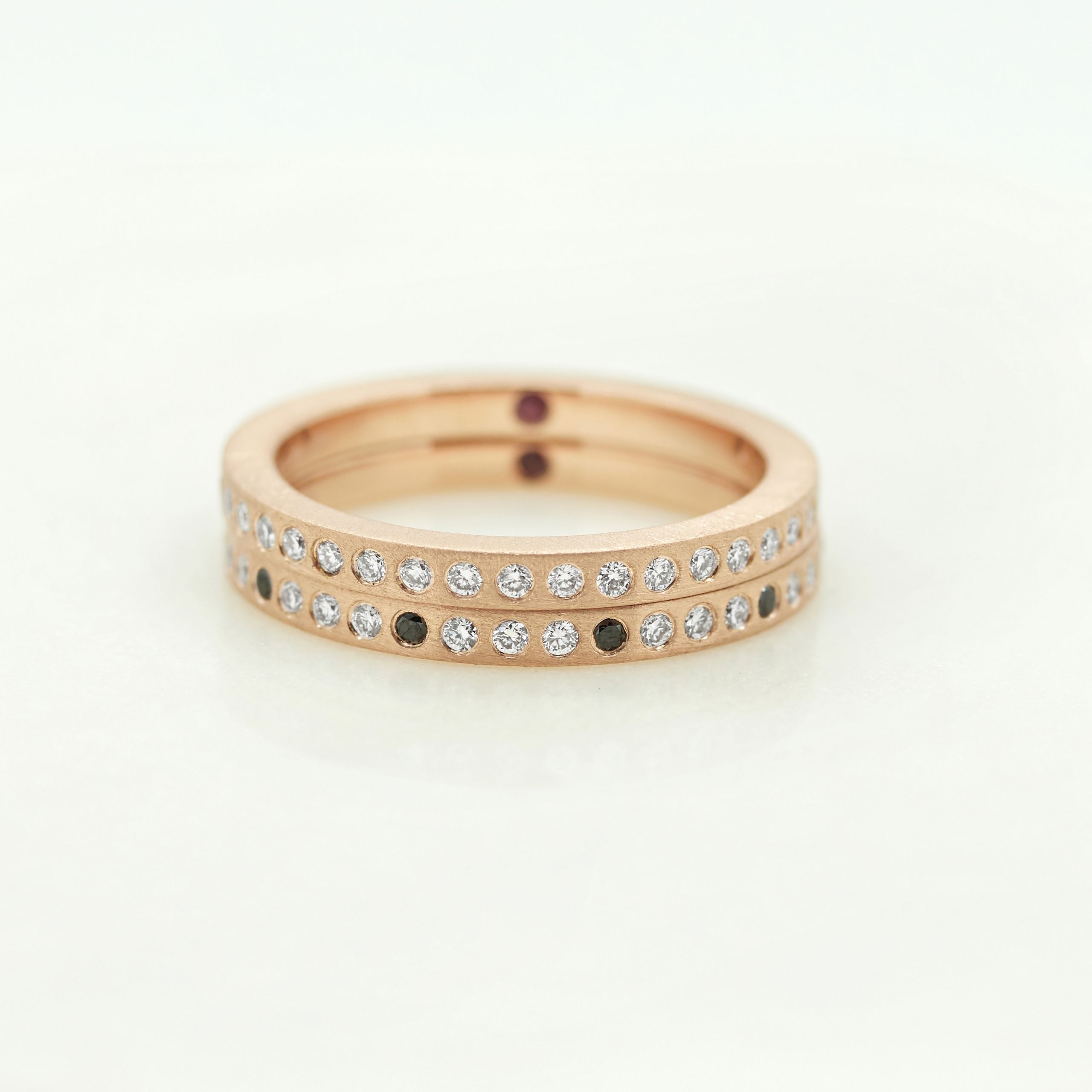 Brushed rose gold unisex wedding band with diamond pavé