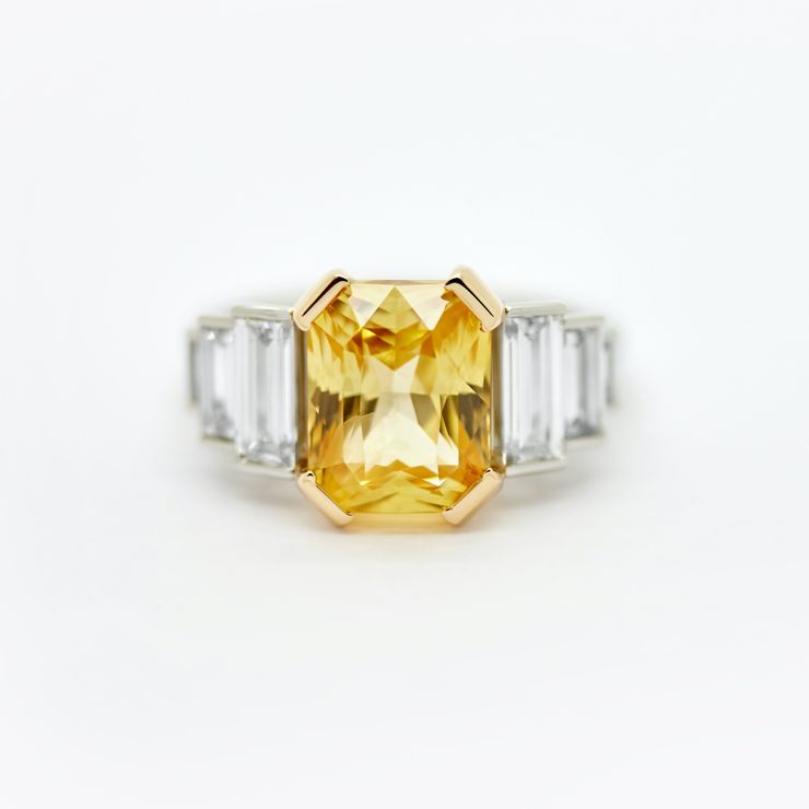 Emerald cut yellow sapphire and diamond unisex engagement ring