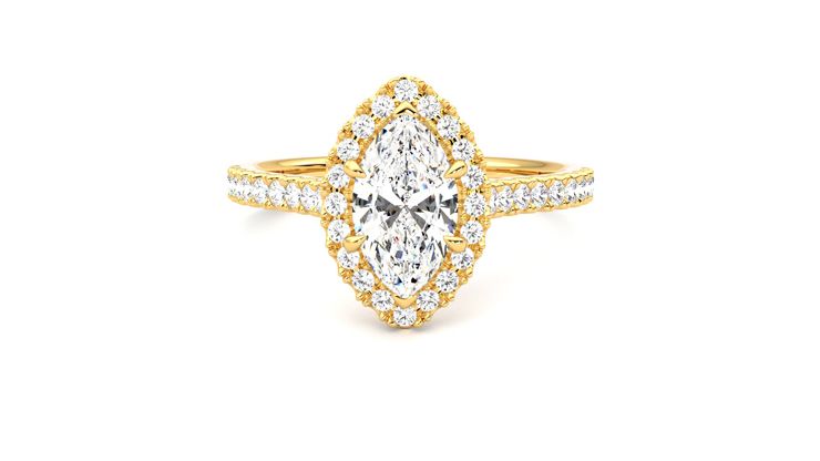 Marquise diamond centre and pavé diamond halo engagement ring set in 18ct yellow gold