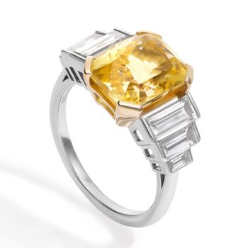 Custom radiant yellow sapphire engagement ring mixed metal with diamond baguette side stones