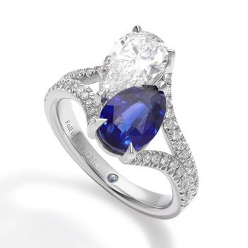 Custom toi et moi engagement ring with pear diamond and blue sapphire with split shank diamond pave band