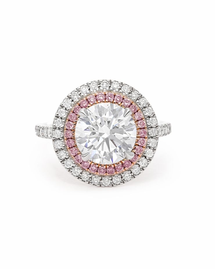 Double halo pink diamonds white diamonds mixed metal engagement ring