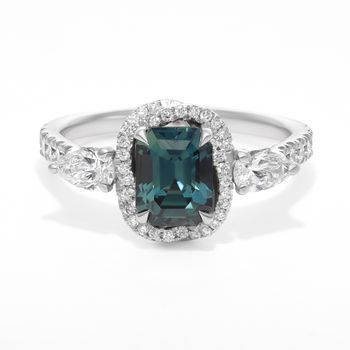 Emerald cut teal sapphire diamond halo accent stones engagement ring squaew