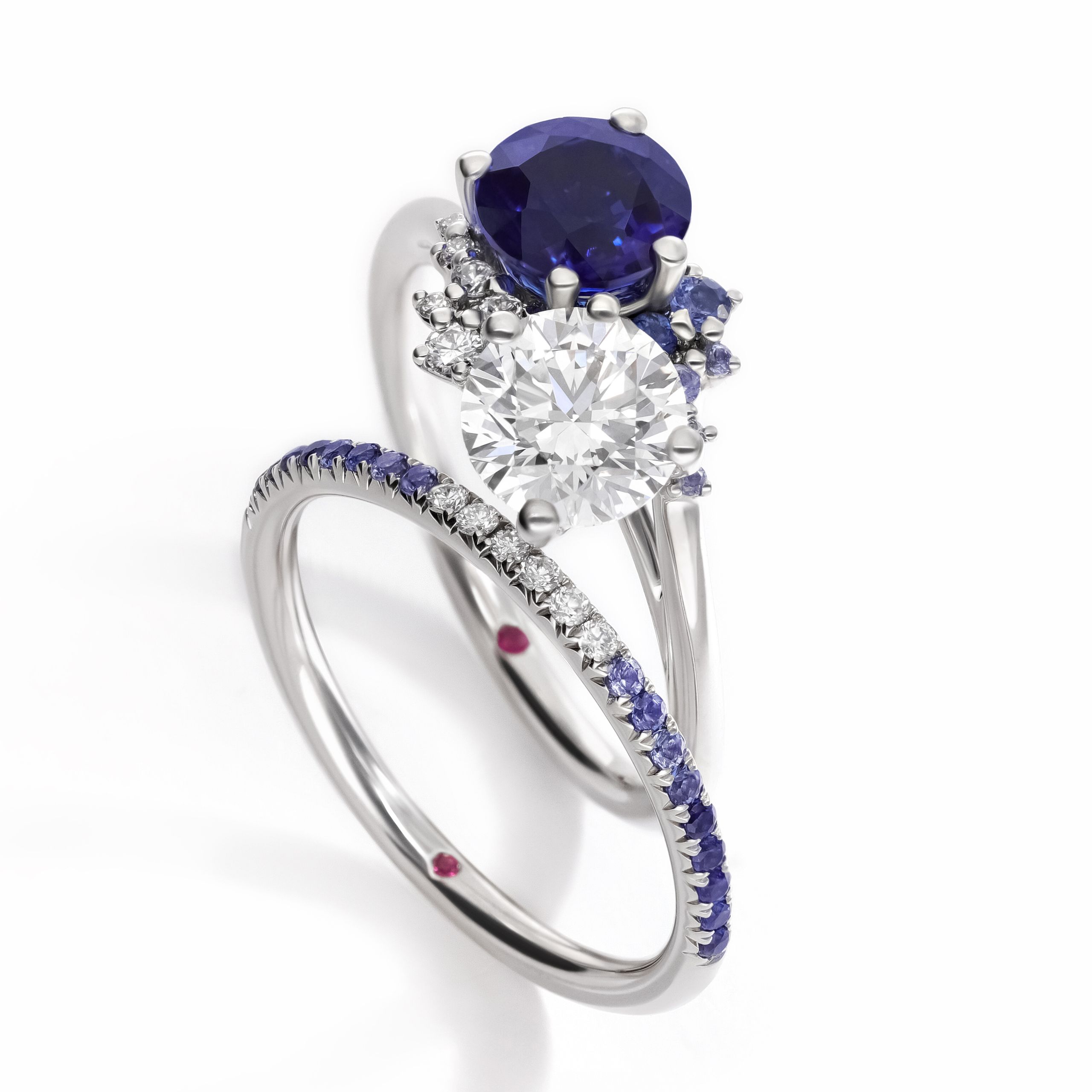 Engagement and wedding ring matching blue sapphire ombre pave band with blue sapphire and diamond toi et moi ring