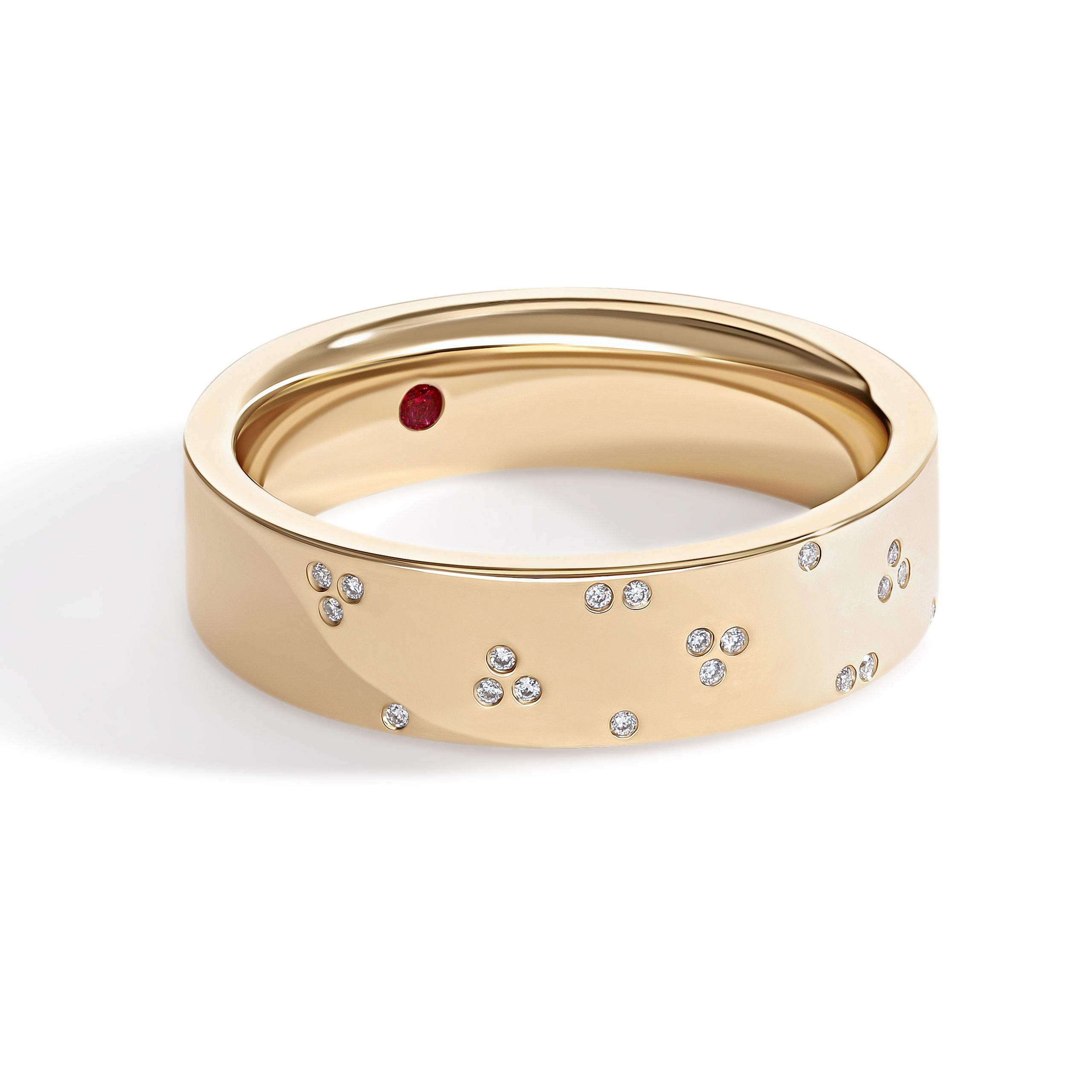 Flat edge unisex yellow gold engagement ring with micro diamond pavé clusters