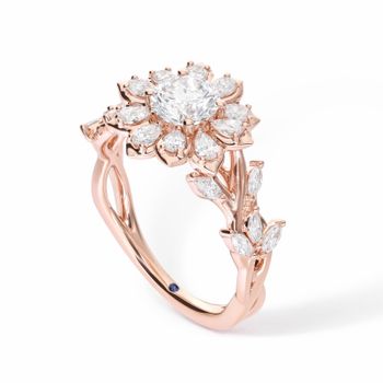 Floral round diamond halo rose gold engagement ring with marquise diamond petals and leaves leaf vine band