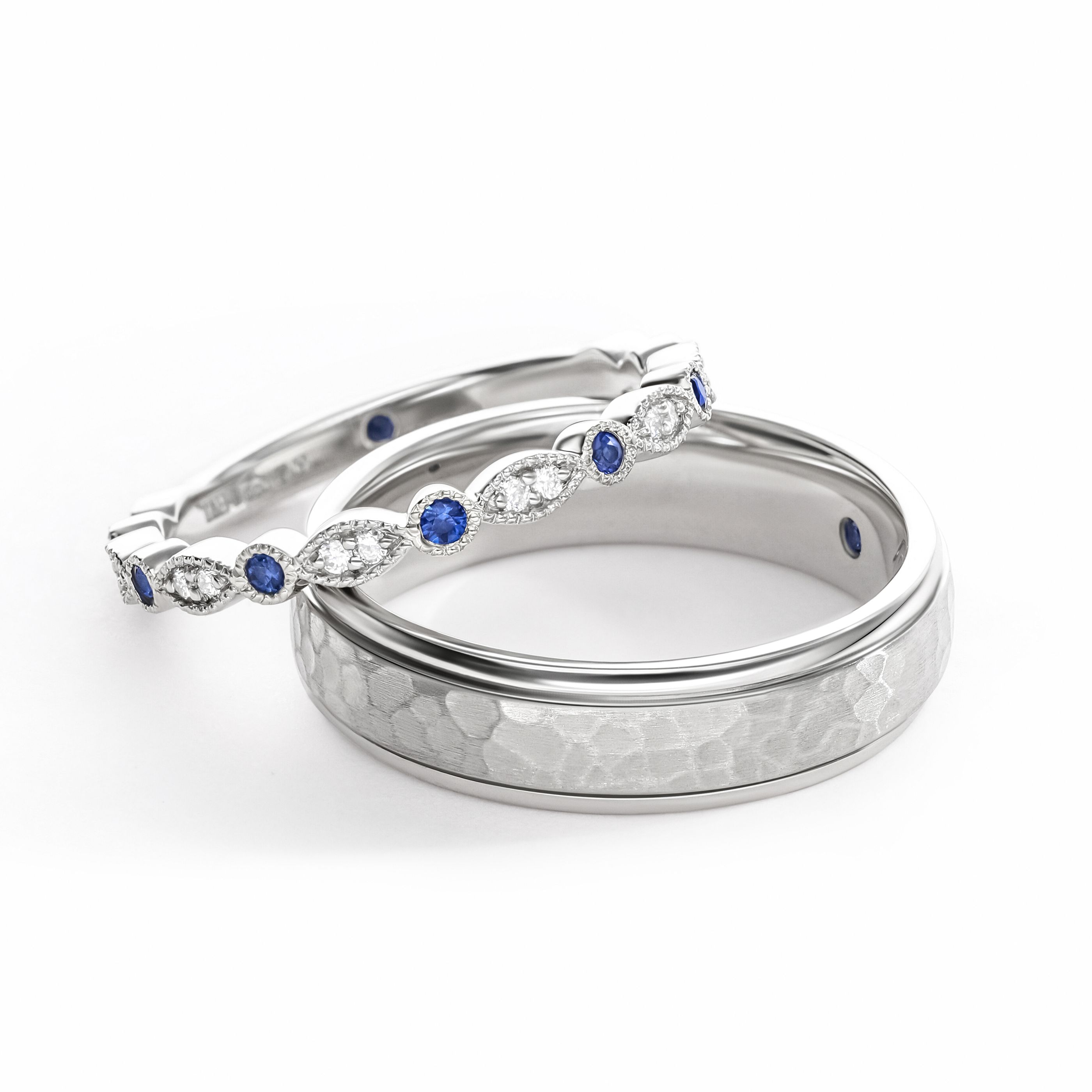 Ladies and mens wedding ring set hammered mens band ladies blue sapphire diamond scallop wedding band