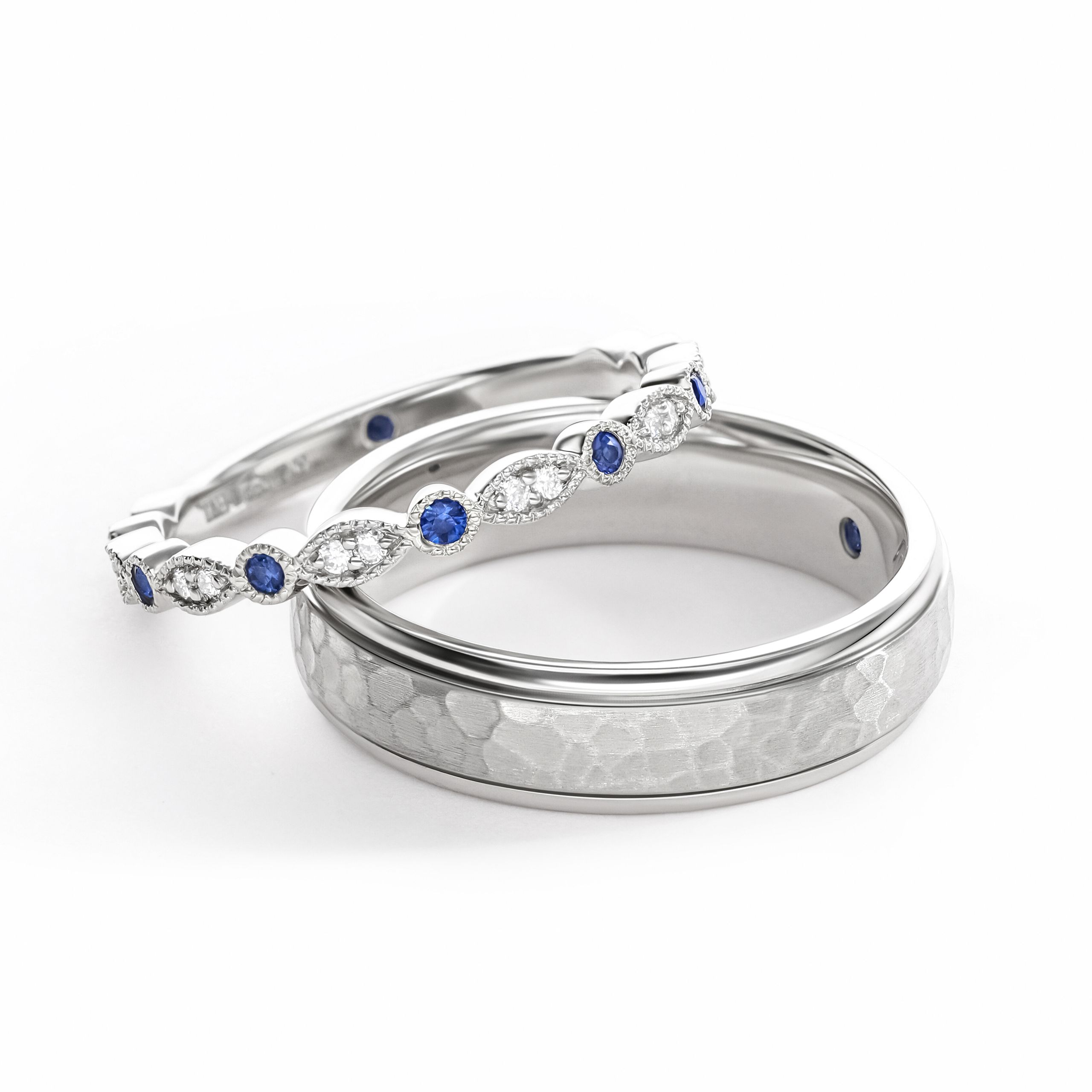 Ladies and mens wedding ring set hammered mens band ladies blue sapphire diamond scallop wedding band