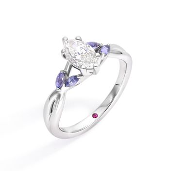 Marquise diamond platinum engagement ring with a marquise diamond centre and purple marquise sapphire accent stones