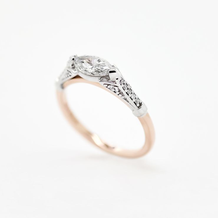 East west marquise diamond engagement ring set in rose gold