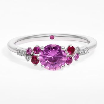 Marula engagement ring round diamond centre with pink sapphire red ruby accent stones square