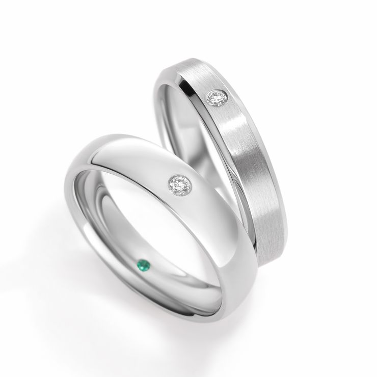 Matching wedding ring band set with round diamond brushed finish and polished finish