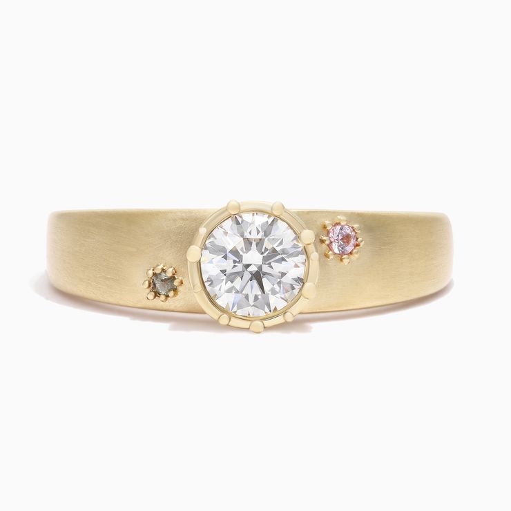 Matte yellow gold bezel set round diamond organic unisex engagement ring