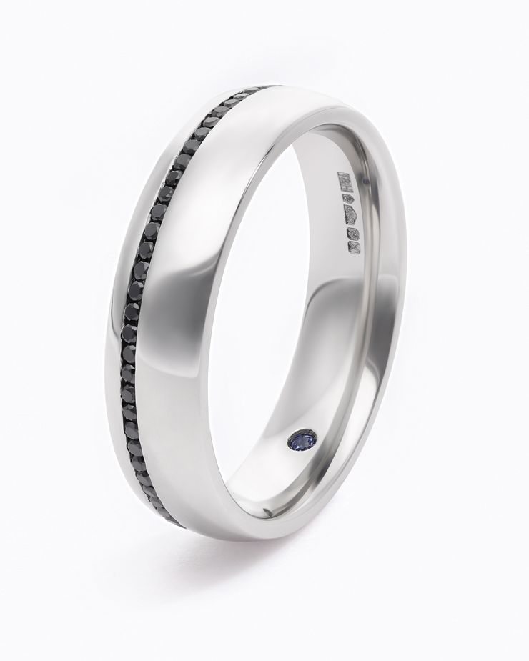 Mens custom wedding ring brushed texture platinum with black diamond pave