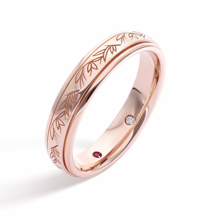 Rose gold band with wheatsheaf inspired engraving