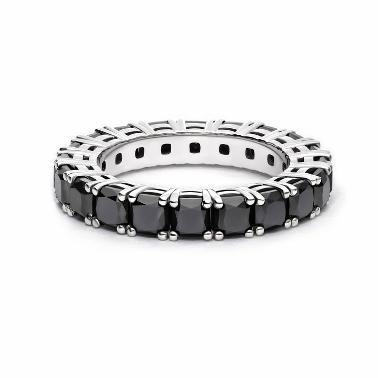 Platinum band with cushion cut black sapphire pavé and structural basket detail