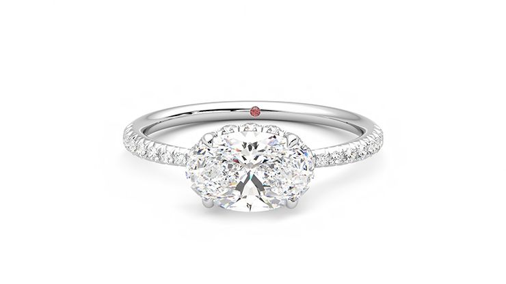 Oval solitaire engagement ring in east-west setting with hidden halo and half eternity band