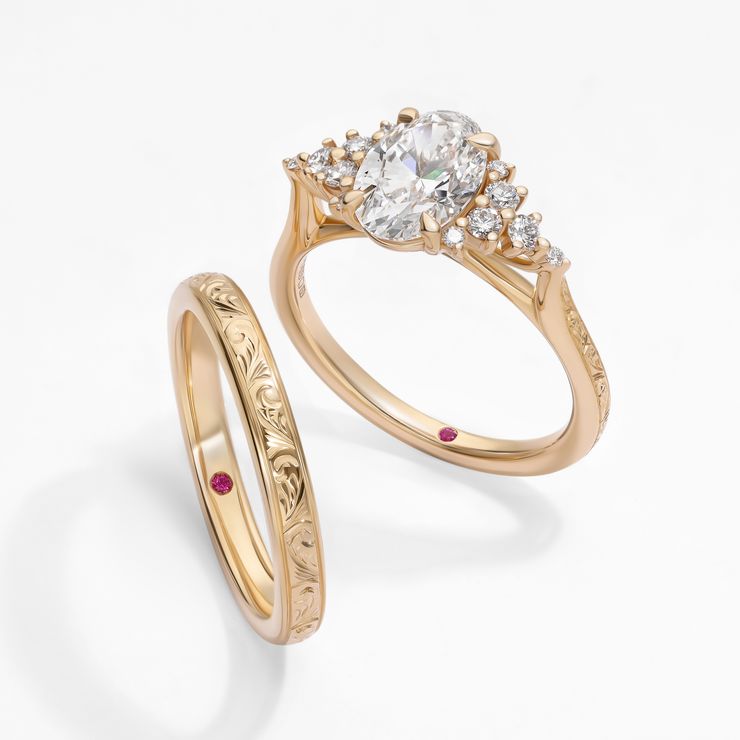 Organic ornate engraved yellow gold wedding and engagement ring set