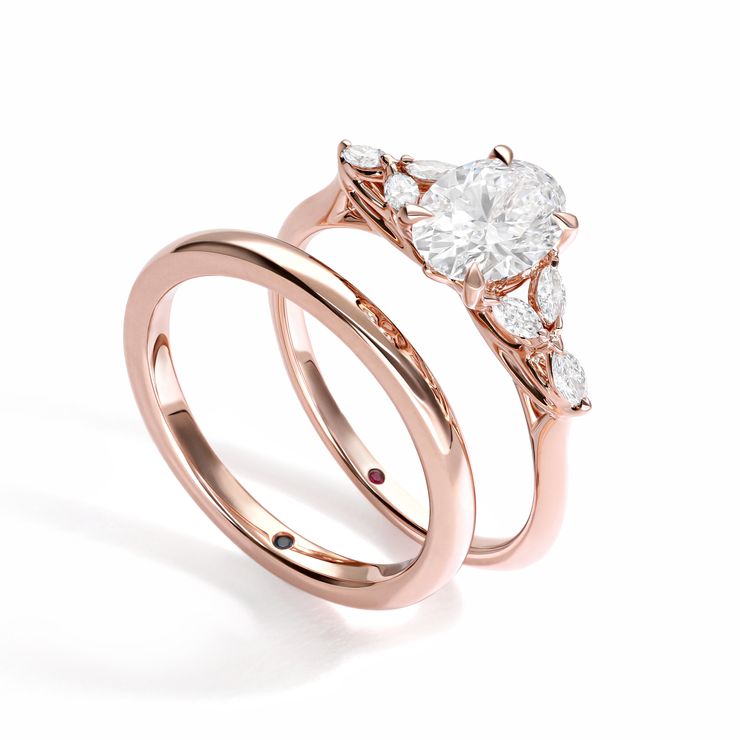 Rose gold engagement ring wedding ring pair