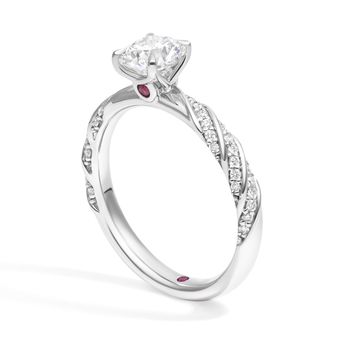 Round diamond engagement ring walled diamond twisted pave engagement ring with hidden ruby