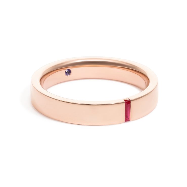 Flat rose gold band with baguette ruby