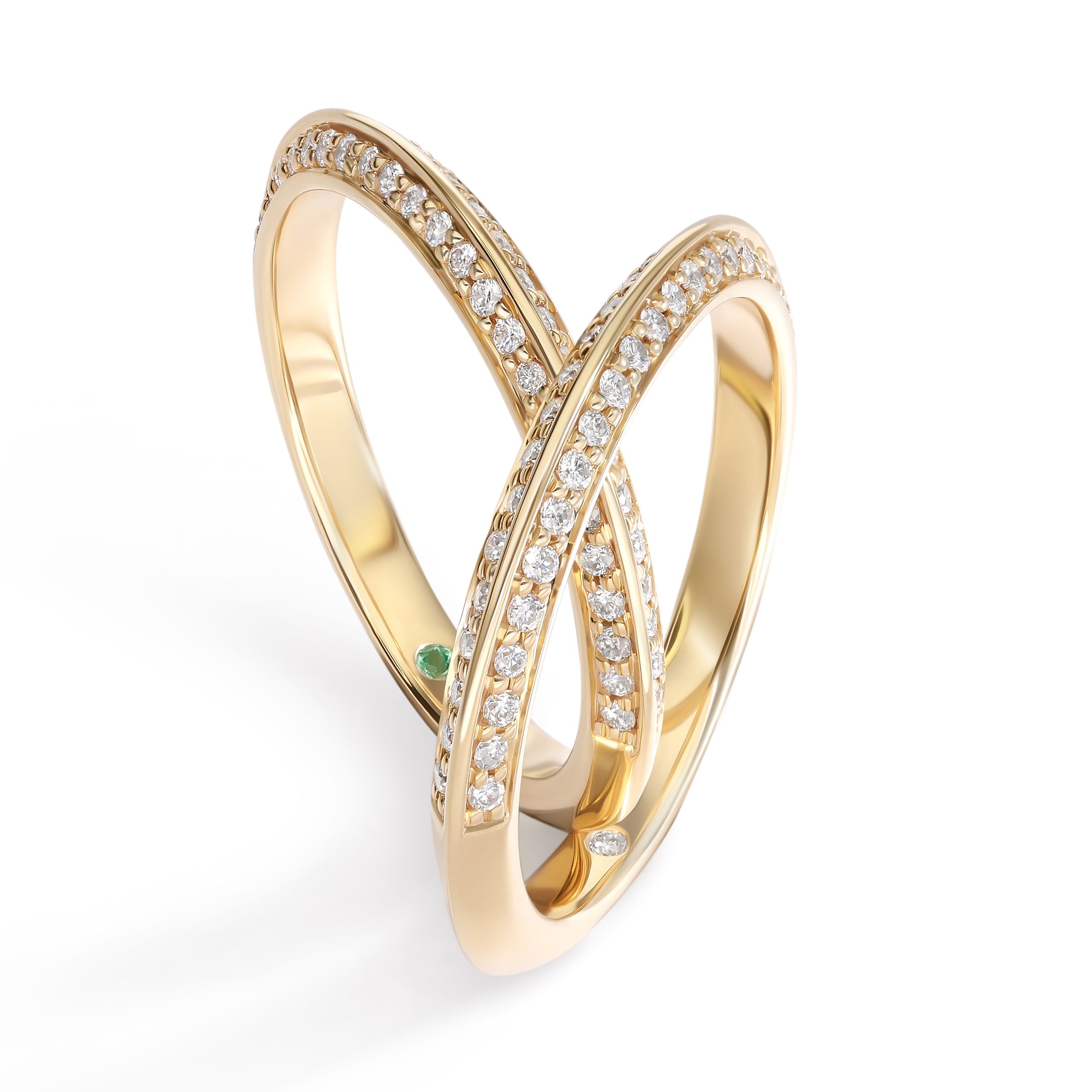 Sweet pea yellow gold two row diamond pave knife edge wedding rings sq